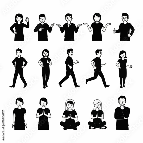 Collection of monochrome people characters in various poses and actions.