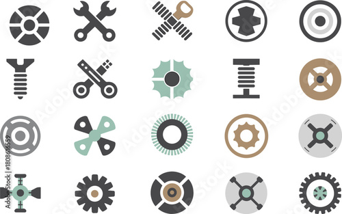 Mechanical icon set, colorful industrial tools and parts, vector illustration pack for engineering, manufacturing, repair, and technical design projects
