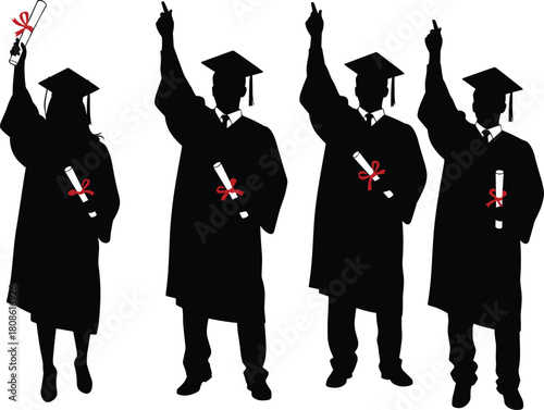 Silhouette of graduates celebrating with diplomas and raised arms, academic achievement, graduation ceremony, black background, success, education, red ribbon illustration