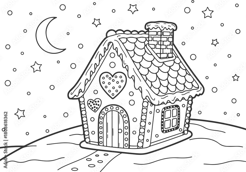 Naklejka premium A charming gingerbread house in a winter night scene for a children's Christmas activity coloring book page illustration