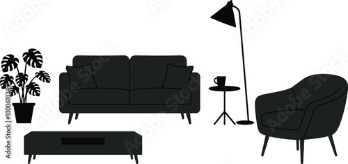 Modern living room silhouette, furniture layout, sofa armchair coffee table, potted plant, floor lamp, cozy interior design, stylish home decor setup