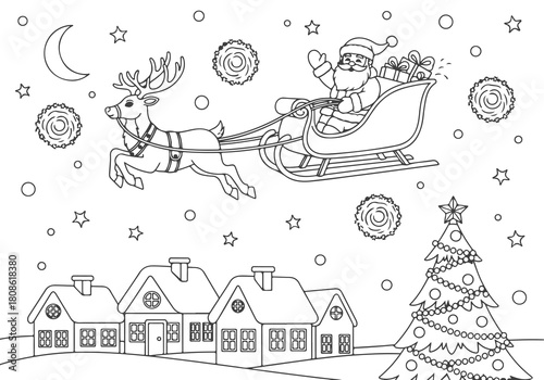Festive Santa Claus and reindeer flying over a winter village, a delightful Christmas Eve scene for a children's coloring book page