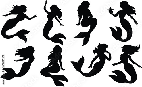 Silhouette of nine mermaids in various poses, swimming, sitting, gesturing, holding starfish, black background, fantasy sea creatures, mythical illustration concept