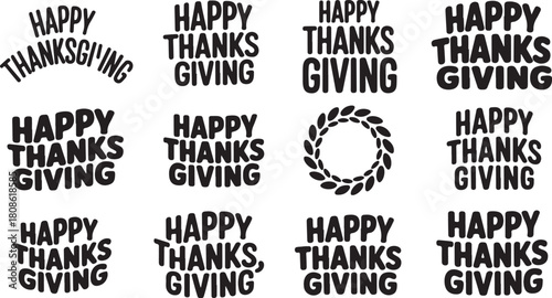 Collection of Happy Thanksgiving text and wreath graphic elements in black silhouette holiday autumn