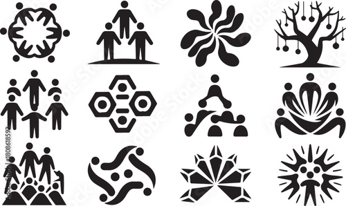 Abstract and Symbolic Iconography Representing Community, Growth, and Connection Keywords: community, connection, teamwork, unity, people, group, abstract, symbolic, icon, logo, design elements