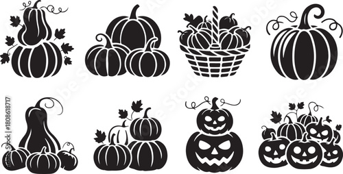 Assortment of Black Silhouette Pumpkins Gourds and Jack-o'-lanterns for Halloween
