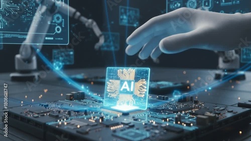 Futuristic AI chip integration on circuit board in high tech laboratory