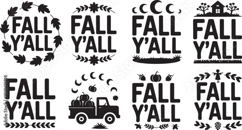 Fall Y'all Autumn Themed Graphic Elements with Decorative Accents fall yall