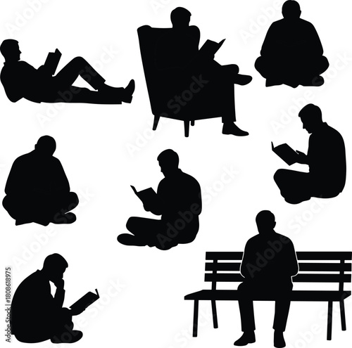 people reading in seated postures, cross-legged, reclining, bench, chair, book lovers, black background, relaxing reading concept illustration