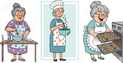 Cute cartoon grandmothers baking cookies in kitchen, happy elderly women cooking desserts, fun baking illustration, wholesome family recipe preparation scene