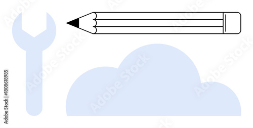 Wrench, pencil, and cloud imply tools, creativity, and cloud technology. Ideal for themes thumbs up innovation, brainstorming, digital transformation, engineering problem-solving and simplicity