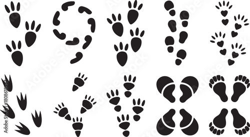Assortment of Black and White Animal and Human Footprint Silhouettes footprints paw prints