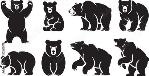 Collection of Black Bear Silhouettes in Various Poses Keywords: bear, black bear, silhouette, animal, wildlife, grizzly bear, ursus arctos, mammal, wild animal, nature, forest animal, predator