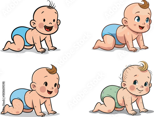 Cute crawling baby cartoon characters, adorable infant illustrations, happy smiley toddlers in diapers, playful child artwork perfect for parenting and nursery themes