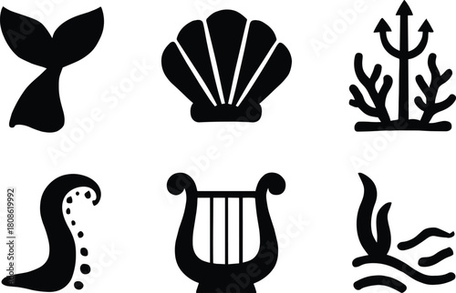 Silhouette icons of ocean and mythology elements, whale tail, seashell, trident, tentacle, lyre, seaweed, black and white illustration concept