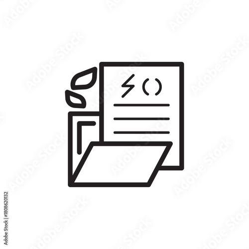 Renewable Energy PPA icon. Features a document with a lightning bolt, code brackets, and leaves. Represents green energy financial agreements, energy contracts, sustainability, and power purchasing.