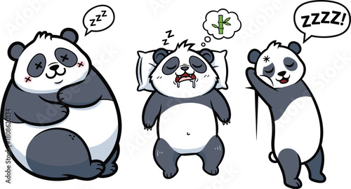 Cute sleeping panda cartoon characters in different adorable poses, dreaming and snoring, playful kawaii illustration for children, stickers, and merchandise