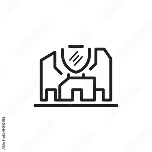 Infrastructure resilience icon. Features a cityscape or buildings protected by a shield. Represents cybersecurity, system durability, urban protection, disaster preparedness, and continuity planning.