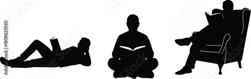 Silhouette of people reading in relaxed postures, lying, sitting cross-legged, armchair, book lovers, black background, leisure reading concept illustration