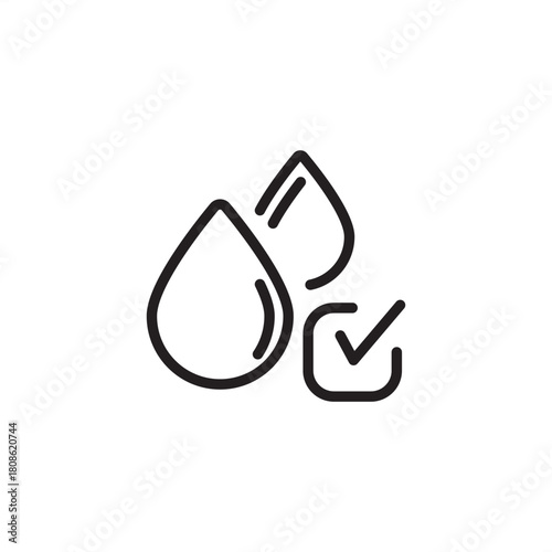 Water quality testing icon. Features liquid drops next to a checkmark or approval stamp. Represents fluid inspection, purity measurement, environmental safety, and approved water or beverages.