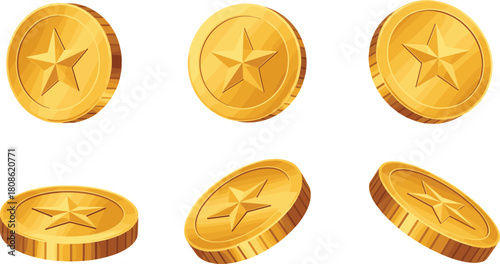 Gold coins, star symbol, shiny token, currency icon, reward concept, gaming asset, 3D coin, metallic design, finance illustration, collectible item