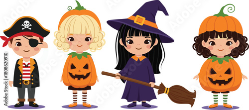 Halloween costume illustration for kids, pirate pumpkin witch outfits, festive cartoon clipart set, holiday dress-up character design