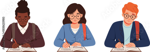 Students studying and writing in notebooks, focused young learners doing homework, education illustration of diverse school teenagers, academic learning scene artwork