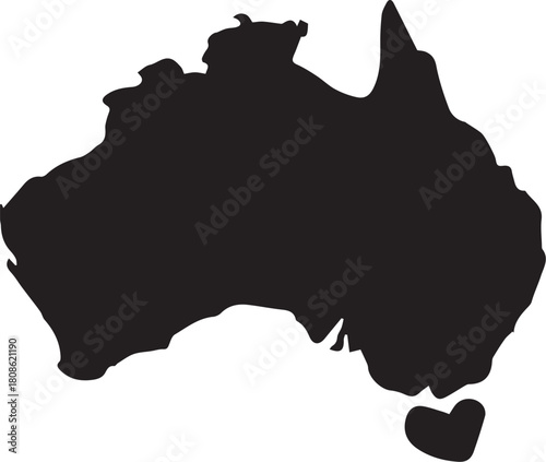 Australia Silhouette: A stark black silhouette of the Australian continent, representing its unique shape and geographical identity, perfect for conveying themes of travel and exploration.