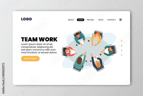 Team work flat horizontal web site banner with group of happy people vector illustration