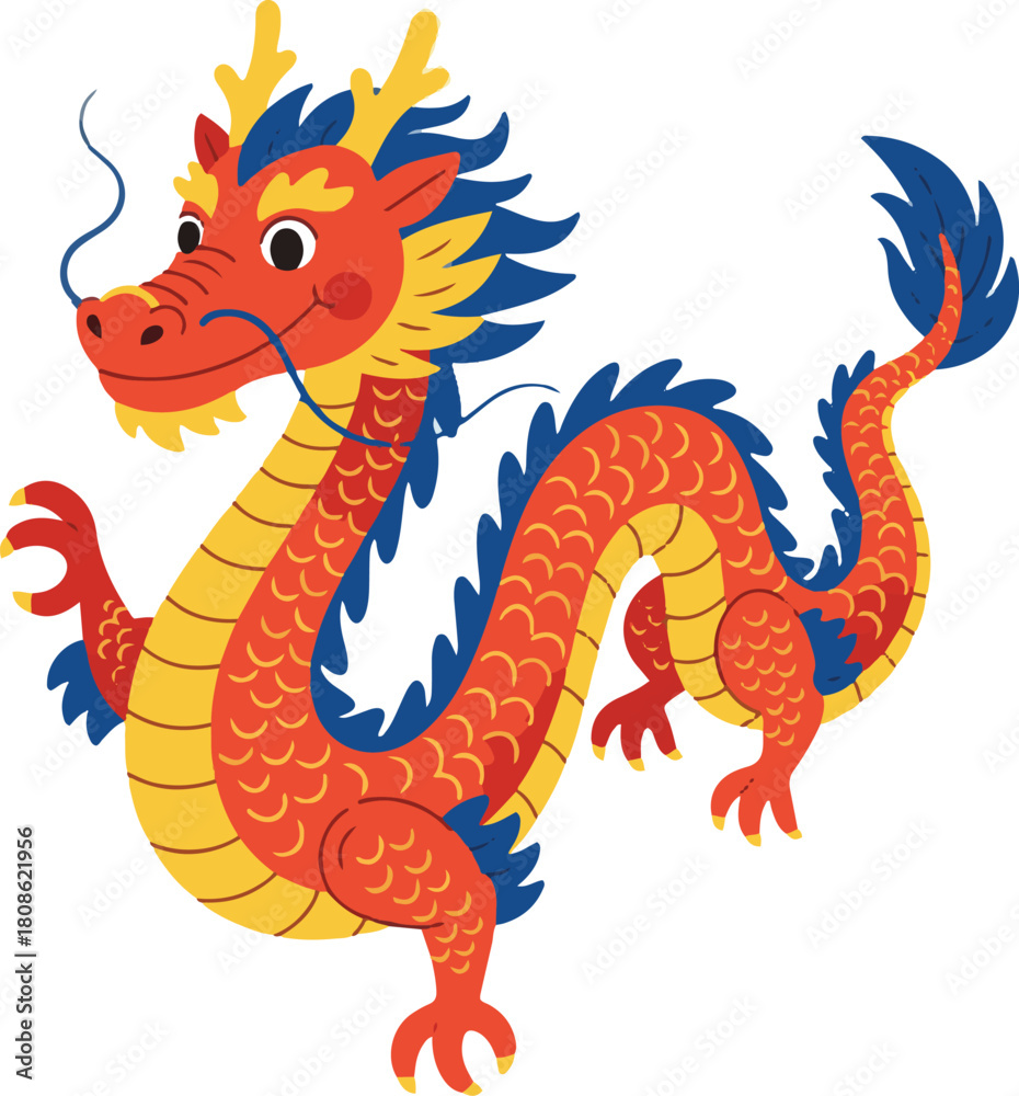Obraz premium A colorful, friendly Chinese or Oriental dragon cartoon character in red, yellow, and blue, illustrated in a flat vector style.