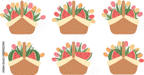 Picnic basket illustration with tulips and watermelon, spring clipart set, seasonal decoration vector, cheerful cartoon design elements