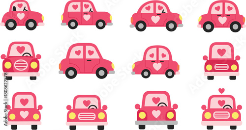 Pink cartoon cars, heart design, love theme, Valentine vehicle, cute illustration, romantic transport, playful style, adorable art, grid layout, side view