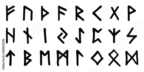 Set of hand drawn viking runes Ancient scandinavian futhark germanic celtic alphabet clipart in doodle style Single element for print, web, design, decor