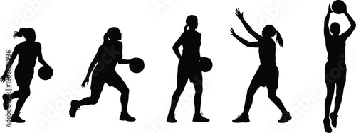 PrintFemale basketball player silhouette vector set showing dynamic dribbling, shooting, passing, athletic movement poses and sports action illustrations for design projects