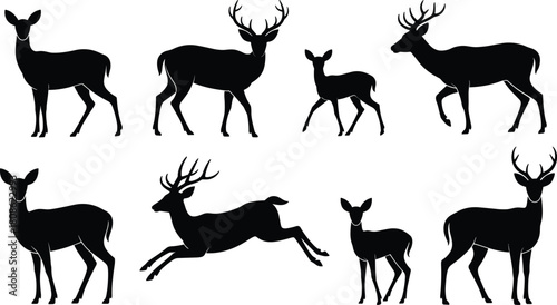 PrintElegant deer and stag silhouettes in various poses, wildlife illustration set for nature design, forest animal artwork, vector graphic collection