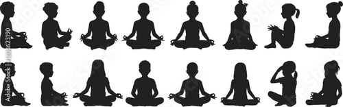 PrintSilhouette children practicing meditation and yoga poses, calm mindfulness illustration for wellness, relaxation, peaceful sitting positions, vector artwork for education