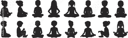 PrintSilhouette children practicing meditation in various yoga poses, peaceful mindfulness illustration for wellness, calmness, relaxation, educational materials, vector design