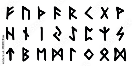 Set of hand drawn viking runes Ancient scandinavian futhark germanic celtic alphabet clipart in doodle style Single element for print, web, design, decor