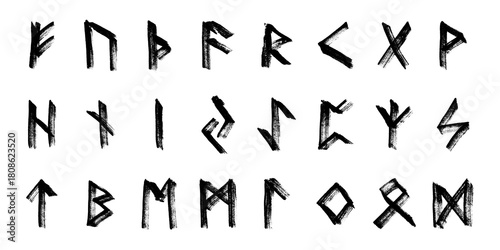 Set of hand drawn viking runes Ancient scandinavian futhark germanic celtic alphabet clipart in doodle style Single element for print, web, design, decor