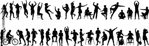 PrintSilhouette people vector set featuring various human poses, activities, movements, dancing, sitting, exercising, cycling, lifestyle actions for creative graphic design projects