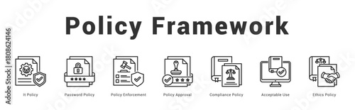 Policy Framework Modern and clean web banner illustration featuring thematic icons for visual communication