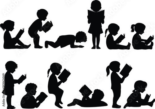 PrintSilhouettes of children reading books in various poses, educational kids activity, learning concept, childhood study illustration, literacy development artwork