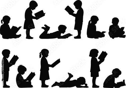 PrintSilhouettes of children reading books in various sitting and standing poses, educational learning concept, childhood study activity, literacy development illustration