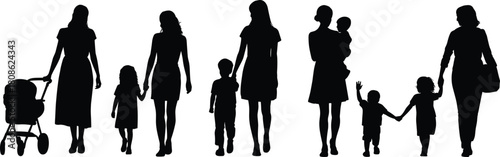 PrintSilhouettes of women walking with children and stroller, family parenting concept, mother and kids bonding illustration, childcare activity, parent child relationship artwork