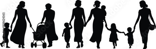 PrintSilhouettes of women walking with children, family parenting concept, mother and kids illustration, childcare activity, parent child relationship artwork