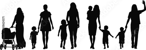 PrintSilhouettes of women walking with children and stroller, family parenting concept, mother and kids bonding, childcare activity, parent child illustration