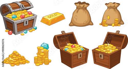 Treasure chest gold coins illustration, cartoon wealth assets, fantasy loot icon, pirate treasure clipart, gem sack vector set