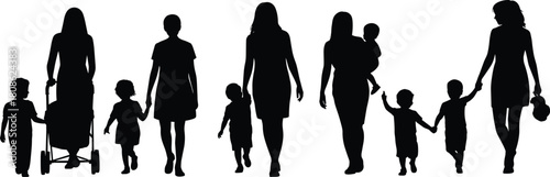 PrintSilhouettes of women walking with children and stroller, family parenting concept, mother and kids illustration, childcare activity, parent child bonding artwork