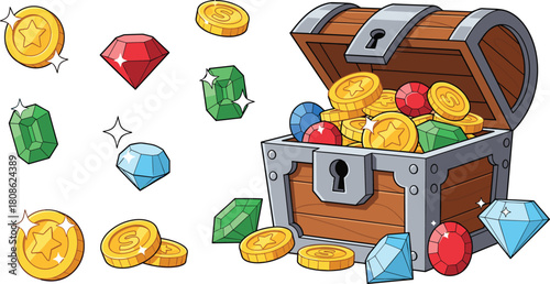 Treasure chest with gold coins, colorful gems, cartoon wealth icon, adventure loot clipart, fantasy reward illustration, game asset design