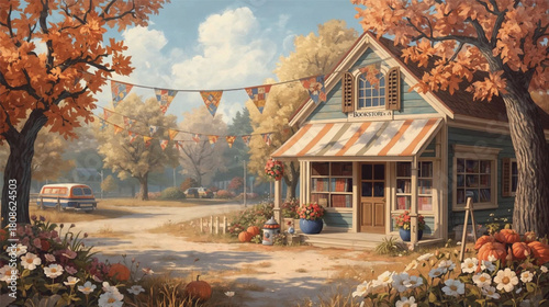 A charming autumn festival landscape featuring a quaint.